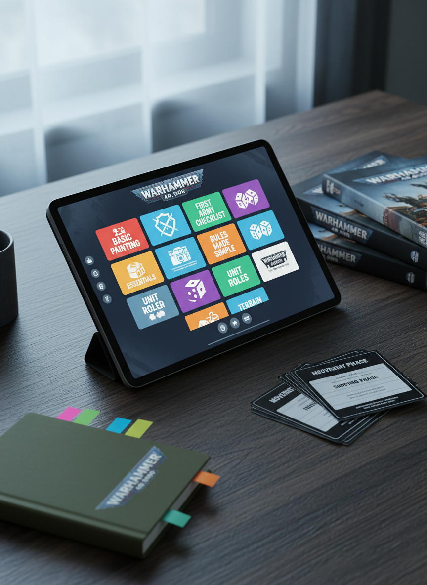 A vibrant, photographic image of a digital “Warhammer beginner library” displayed on a modern tablet lying on a textured, dark desk surface. The tablet screen shows an organized grid of colorful thumbnails labeled things like “Basic Painting,” “First Army Checklist,” and “Rules Made Simple,” with playful icons of miniatures, brushes, and dice. Surrounding the tablet are a few closed rulebooks, a compact notebook with sticky tabs, and a small stack of printed quick-reference cards with bold headers. Cool, diffused light from a nearby window creates gentle reflections on the tablet glass and softens the edges of surrounding objects. Shot from a slightly elevated angle with moderate depth of field, the mood is organized, helpful, and tech-savvy, emphasizing curated guides and tools for new Warhammer players discovering resources online.