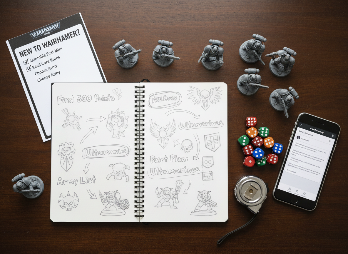A tidy, overhead photographic view of a Warhammer beginner’s “battle plan” workspace on a dark wooden table. At the center lies an open notebook with doodled army symbols, arrows, and playful scribbled titles like “First 500 Points” and “Paint Plan.” Surrounding it are assembled but unpainted infantry miniatures, a small tape measure, colorful six-sided dice, and a smartphone displaying a Warhammer rules reference. Natural, diffused daylight washes in from the top edge, producing soft, even lighting and minimal shadows. A printed checklist labeled “New to Warhammer?” sits in one corner, with some boxes ticked. The mood is organized yet whimsical, emphasizing curiosity and planning. Shot from a true bird’s-eye view with crisp focus across the scene, in a clean, modern photographic style perfect for a beginner-focused blog homepage hero image.