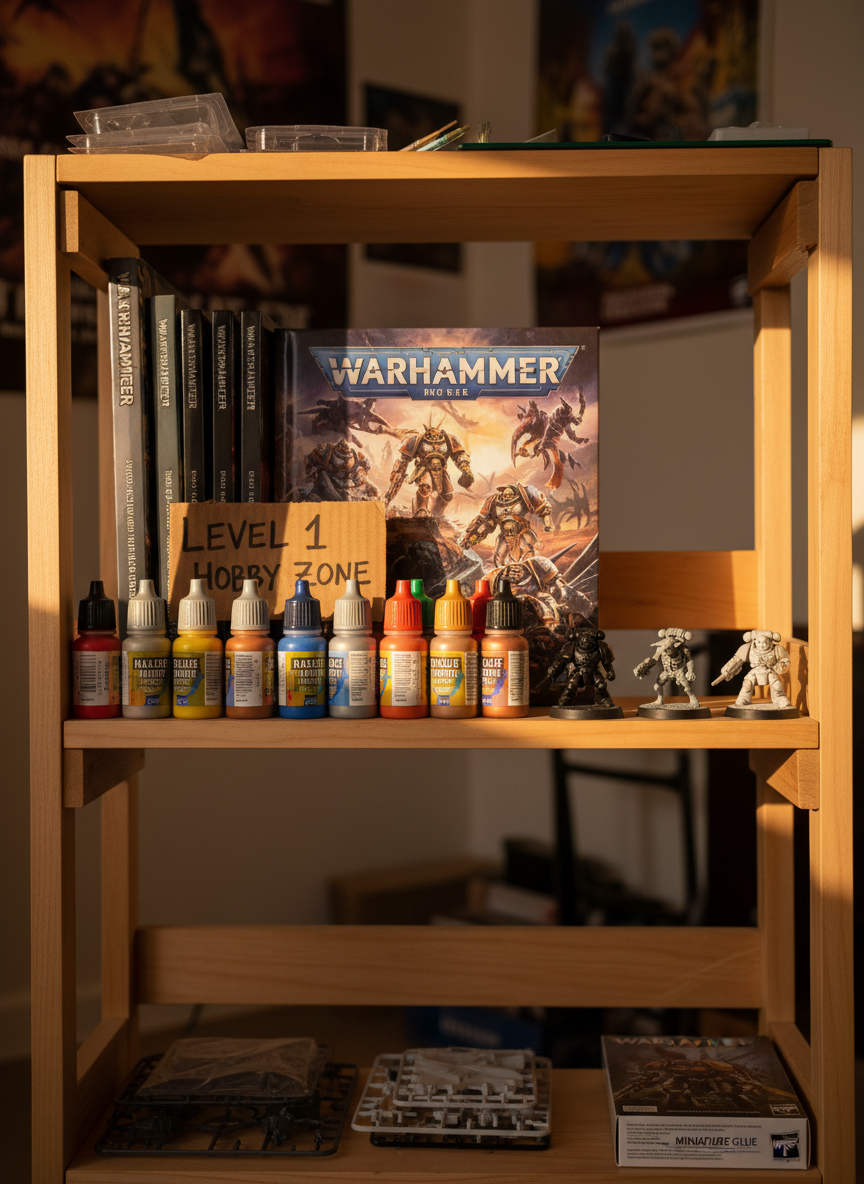 A warmly lit, photographic realism scene of a modest Warhammer hobby shelf, featuring a small, growing collection of beginner essentials. On the middle shelf, a neatly arranged line of paint bottles in bright primary and metallic colors stands in front of a row of rulebooks and starter set boxes with bold, dramatic cover art partially visible. A few assembled miniatures, primed in black, grey, and white, are displayed on simple round bases like tiny statues. A playful, handwritten cardboard sign reads “Level 1 Hobby Zone” leaning against the paints. Golden hour light from the right side casts long, cozy shadows and gentle highlights on glossy box edges. Captured at a slight low angle with subtle depth of field, the atmosphere feels welcoming, playful, and aspirational, suggesting the start of a long Warhammer journey.