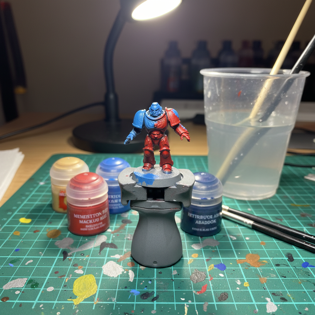 A close, detailed photographic realism view of a beginner’s first Warhammer paint job in progress: a single miniature held upright in a simple plastic painting handle, its armor partially painted in bright, slightly uneven layers of blue and red. Fine brush strokes and tiny mistakes are visible, celebrating the learning process. Around the handle, a ring of open paint pots shows rich pigments, with a water cup cloudy from rinsed brushes. The miniature stands on a well-used cutting mat speckled with dried paint dots in many colors. A small desk lamp with a daylight bulb shines from above and slightly behind, creating crisp highlights on wet paint and casting a soft halo around the model. Captured at macro level with shallow depth of field, the atmosphere feels intimate, encouraging, and proudly imperfect—perfect for a post about first attempts at painting.